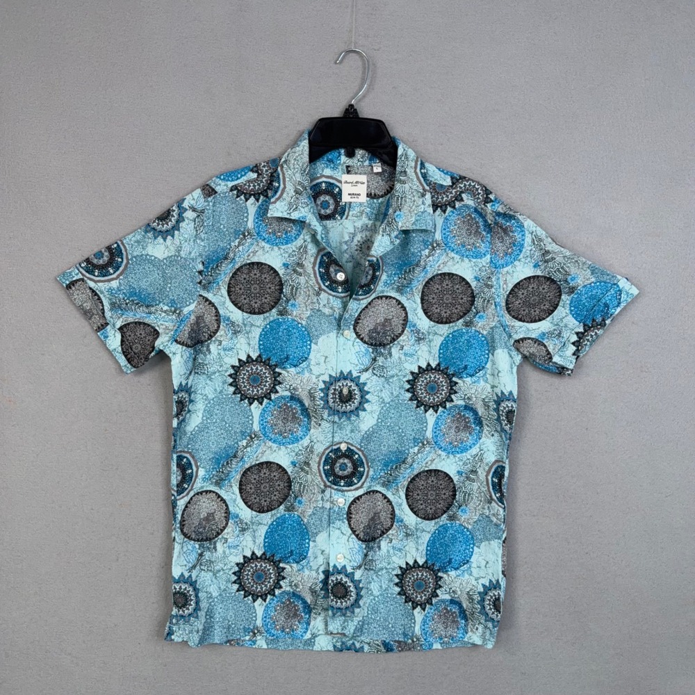 Murano Baird McNutt Linen Shirt Mens Large Blue Geometric Medallion Slim Fit
